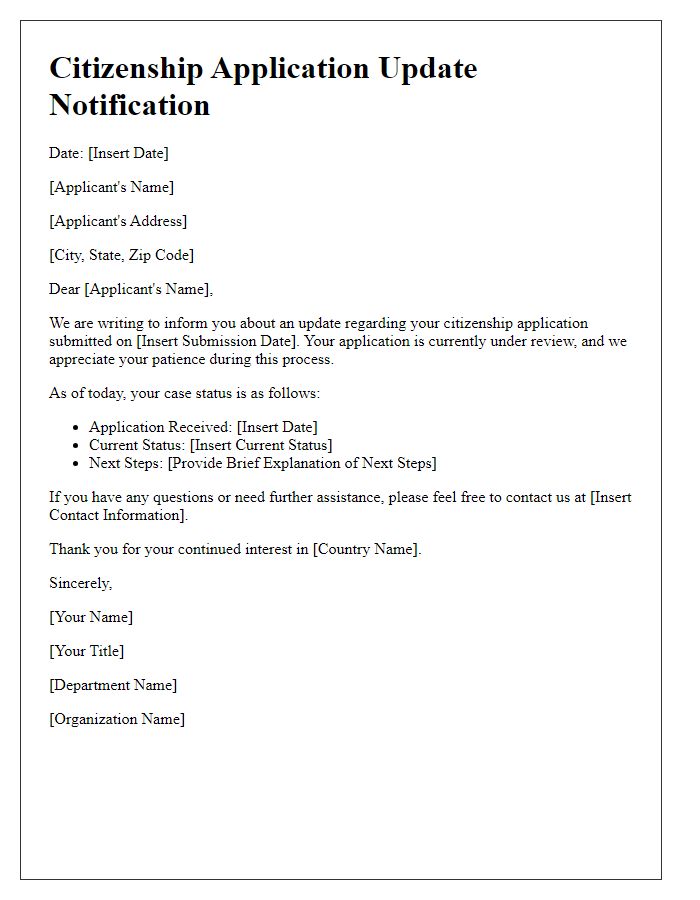 Letter template of citizenship application update notification