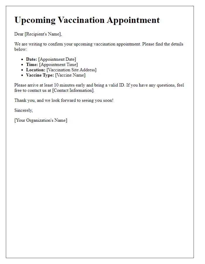 Letter template of upcoming vaccination appointment