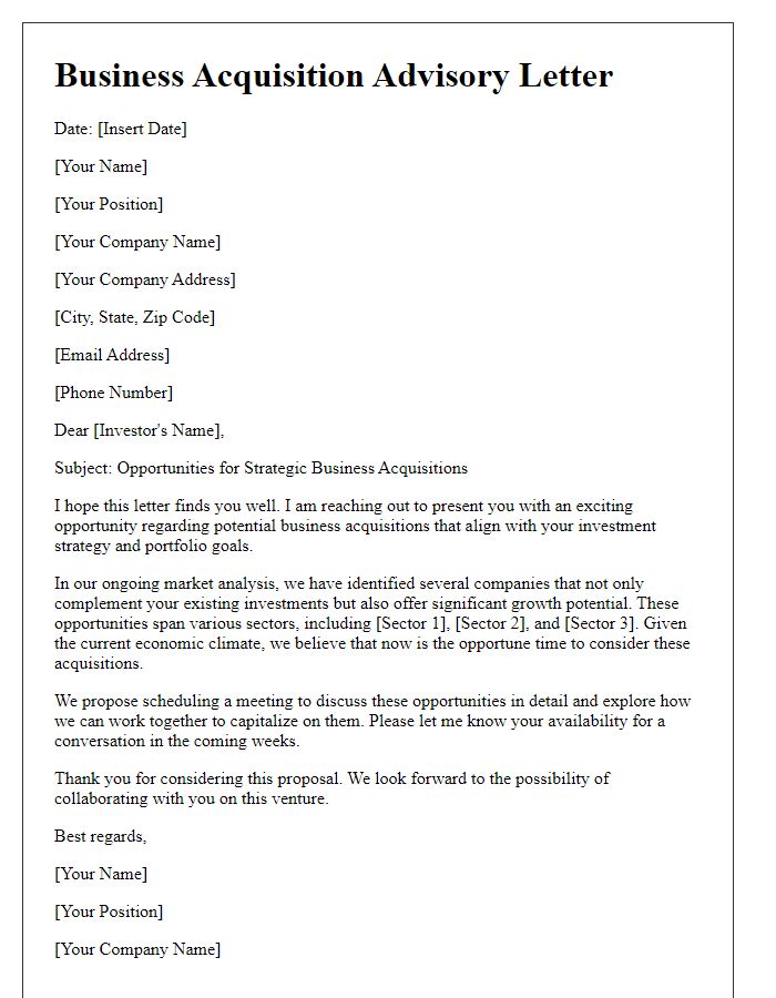 Letter template of business acquisition advisory to investors