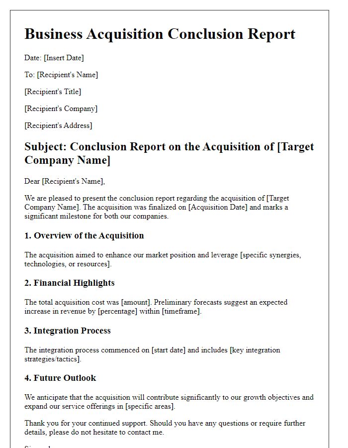 Letter template of business acquisition conclusion report