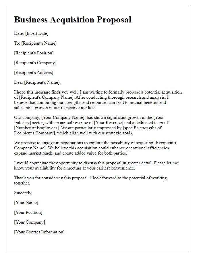 Letter template of business acquisition proposal for negotiation