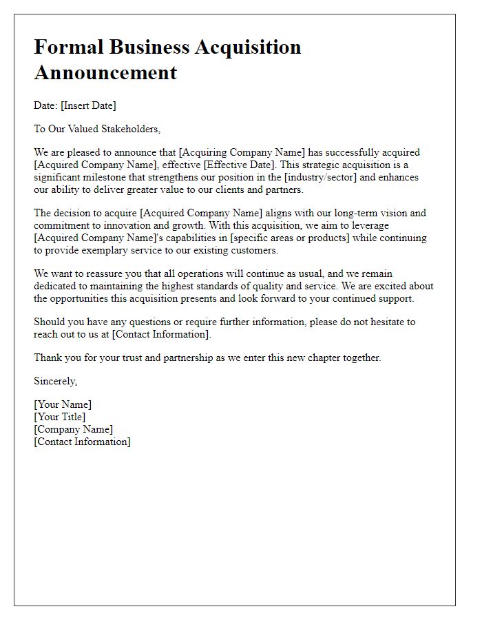 Letter template of formal business acquisition announcement