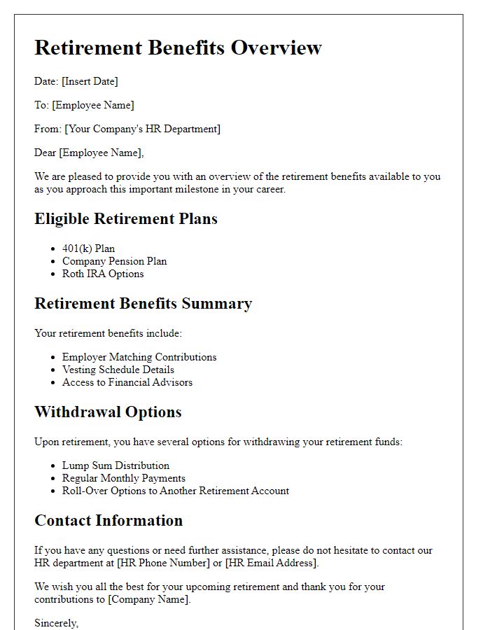 Letter template of retirement benefits overview for staff.