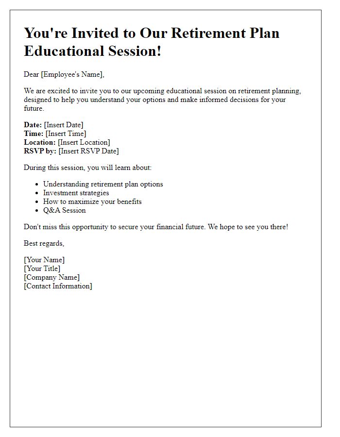 Letter template of retirement plan educational session invitation.