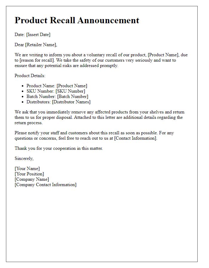 Letter template of product recall announcement for retailers