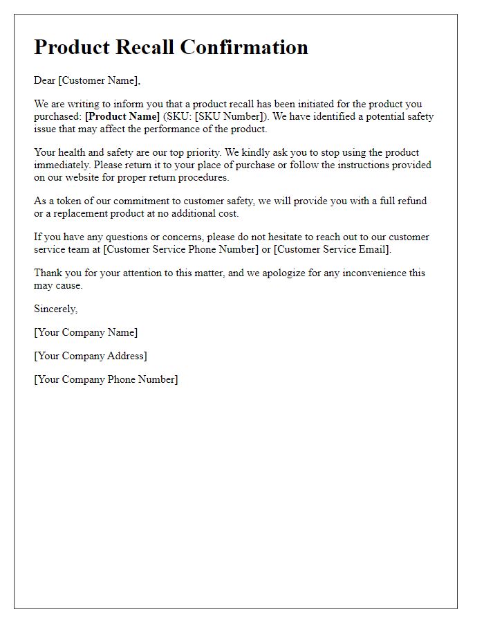 Letter template of product recall confirmation for affected customers