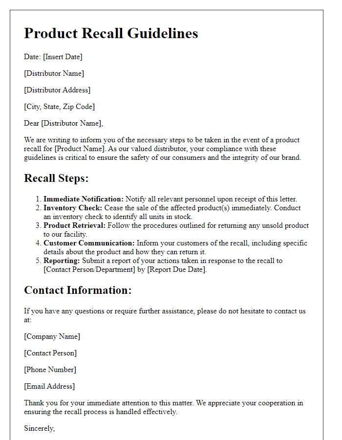 Letter template of product recall guidelines for distributors