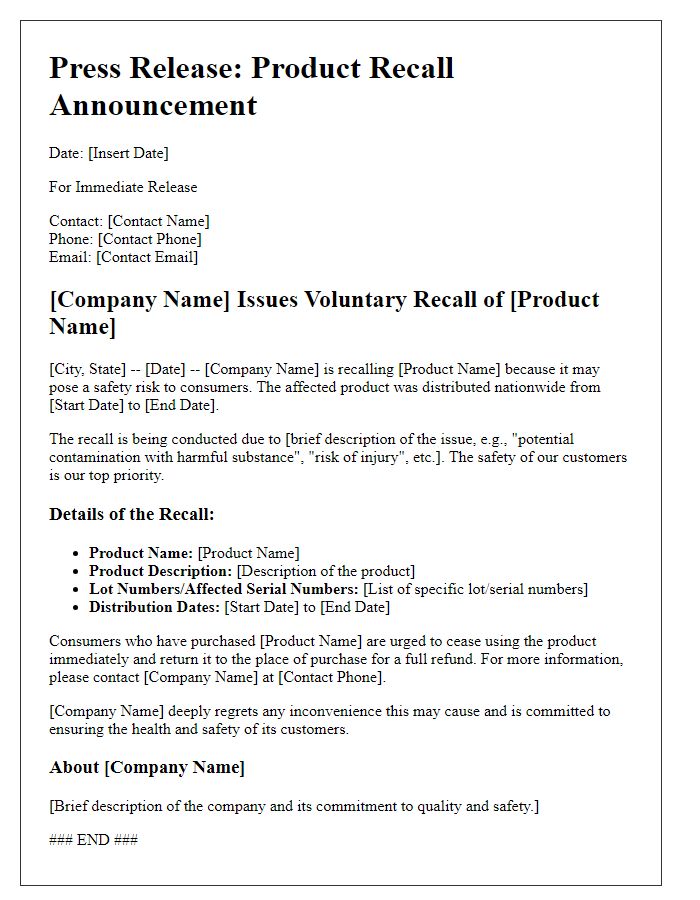 Letter template of product recall information for media outlets