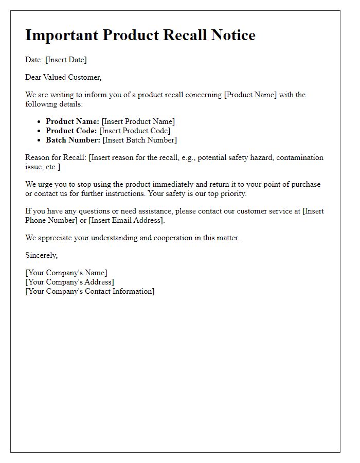 Letter template of product recall notification for consumers