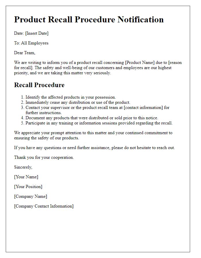 Letter template of product recall procedure for employees