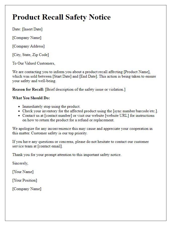 Letter template of product recall safety notice for the public