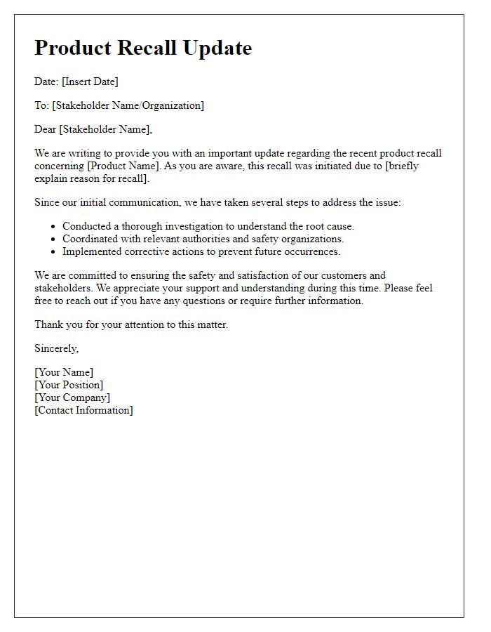 Letter template of product recall update for stakeholders