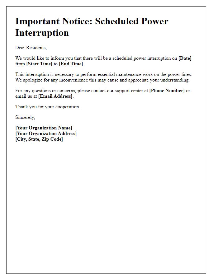 Letter template of alert regarding scheduled power interruption.