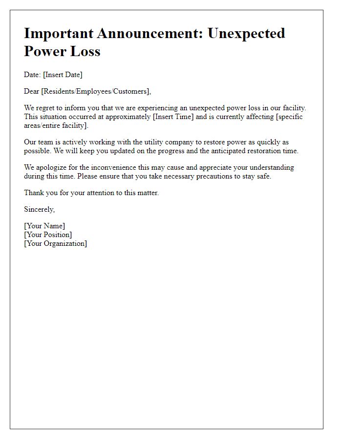 Letter template of announcement for unexpected power loss.