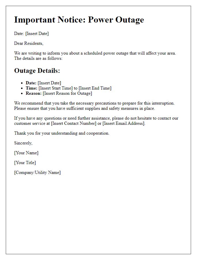 Letter template of information about utility power outage.