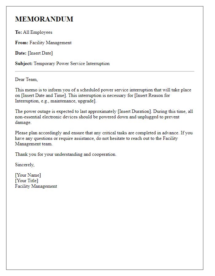 Letter template of memo regarding power service interruption.