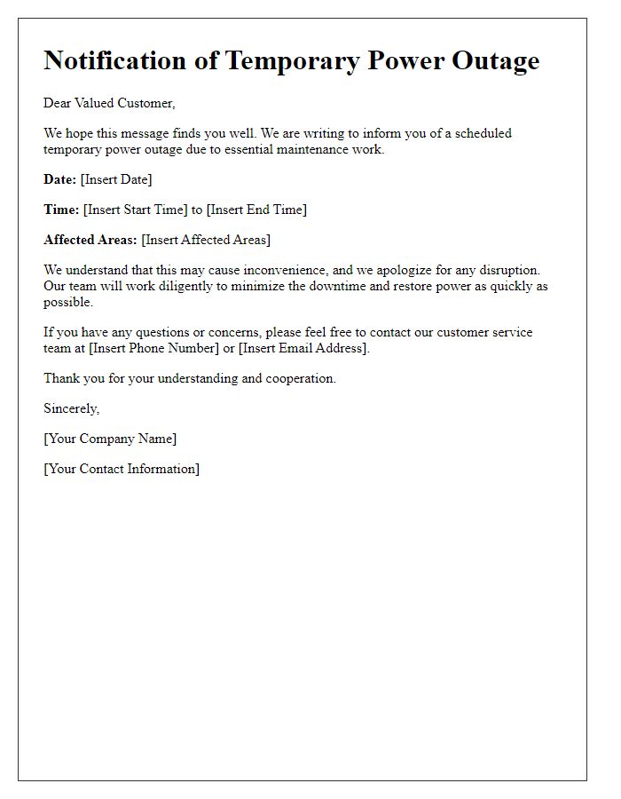 Letter template of notification for temporary power outage.