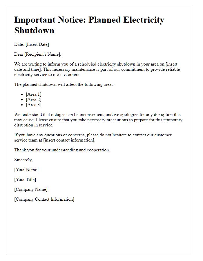 Letter template of warning for planned electricity shutdown.