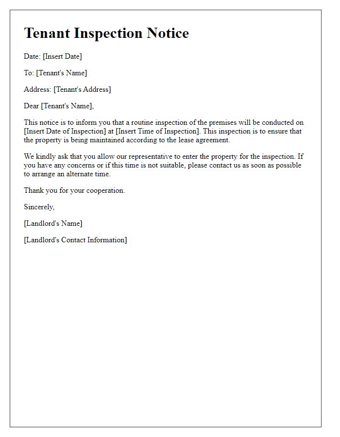 Letter template of Tenant Inspection Notice