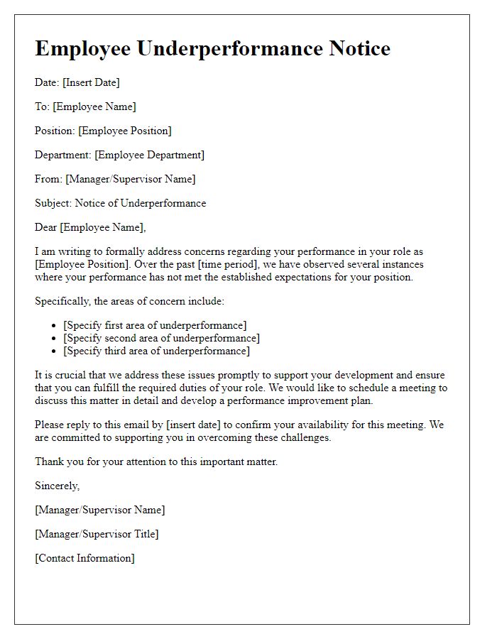 Letter template of Employee Underperformance Notice