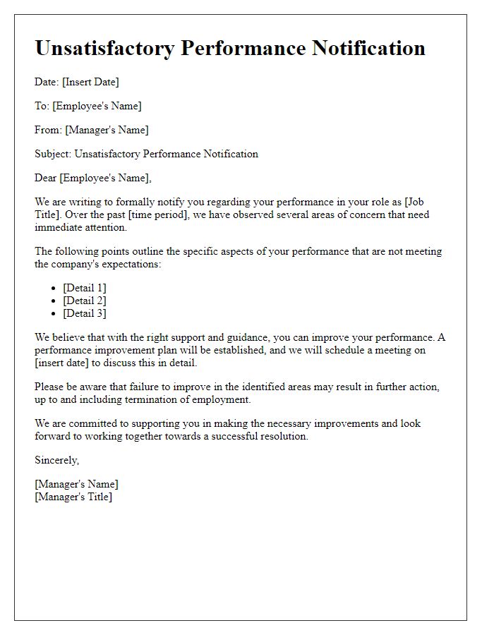 Letter template of Unsatisfactory Performance Notification