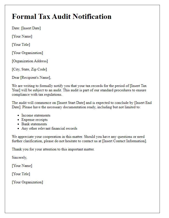 Letter template of formal tax audit notification