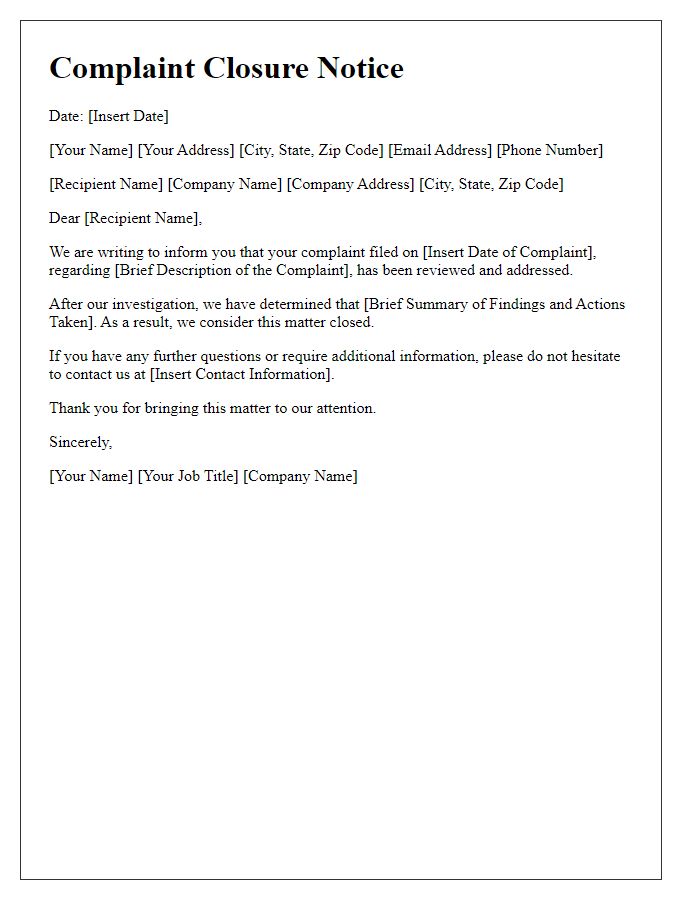 Letter template of complaint closure notice