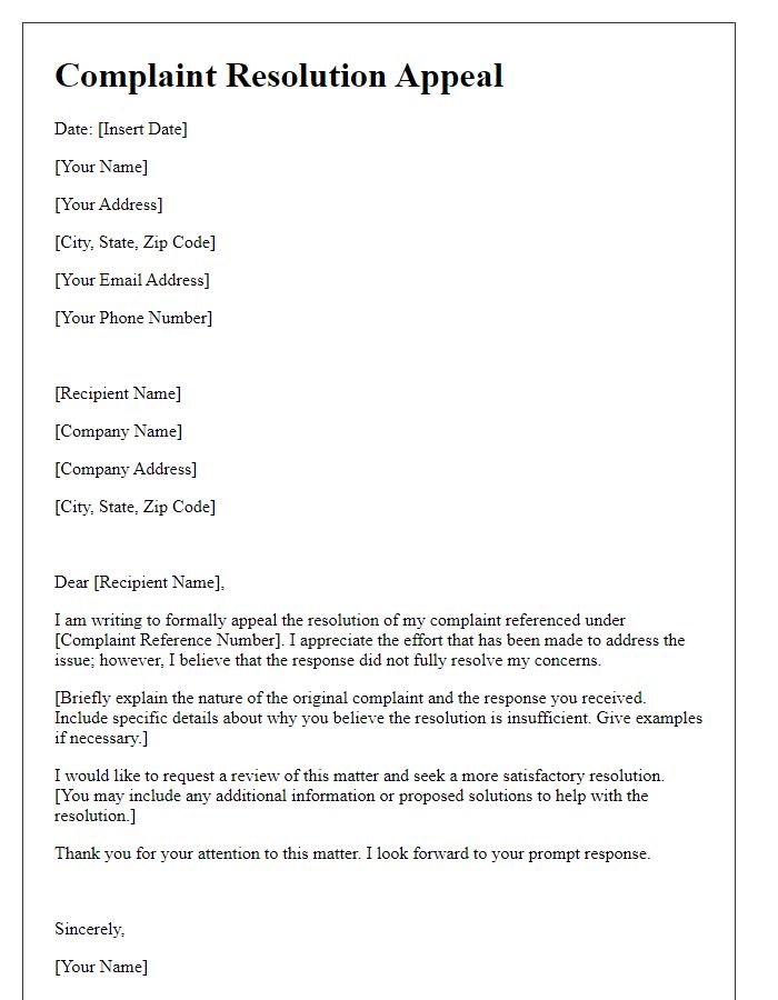 Letter template of complaint resolution appeal