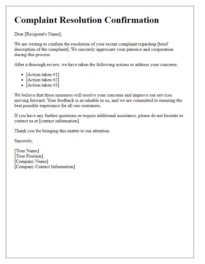 Letter template of complaint resolution confirmation