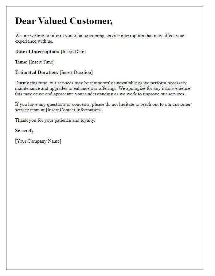 Letter template of customer notification regarding service interruptions