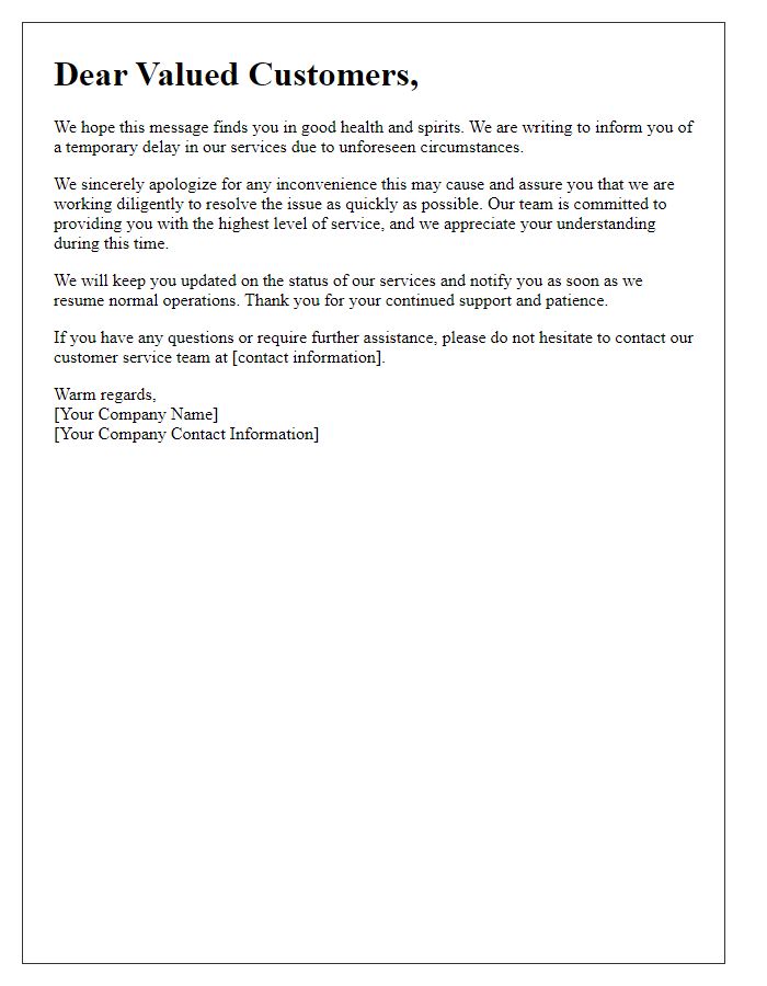 Letter template of service delay announcement for our esteemed customers