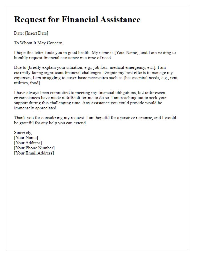 Letter template of essential financial help plea