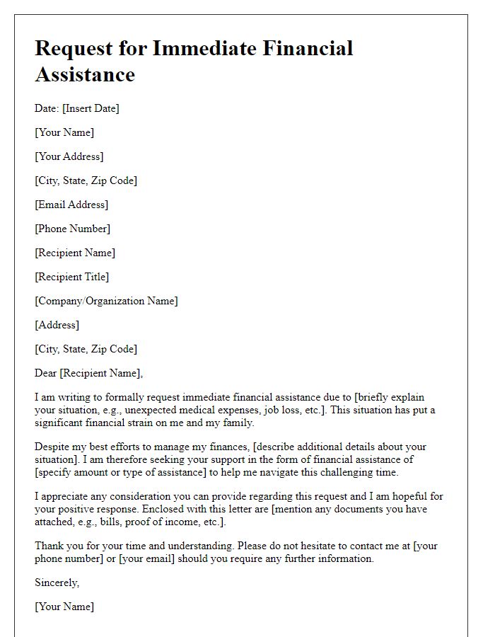 Letter template of immediate financial assistance request