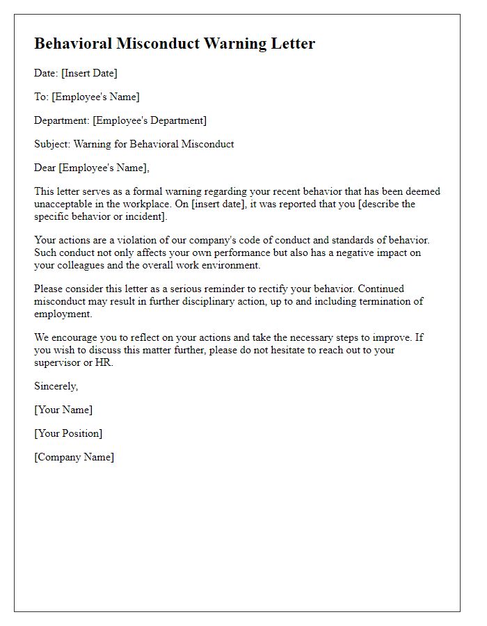 Letter template of behavioral misconduct warning