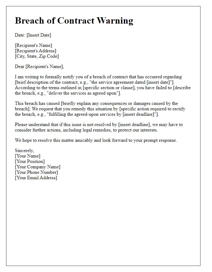 Letter template of breach of contract warning