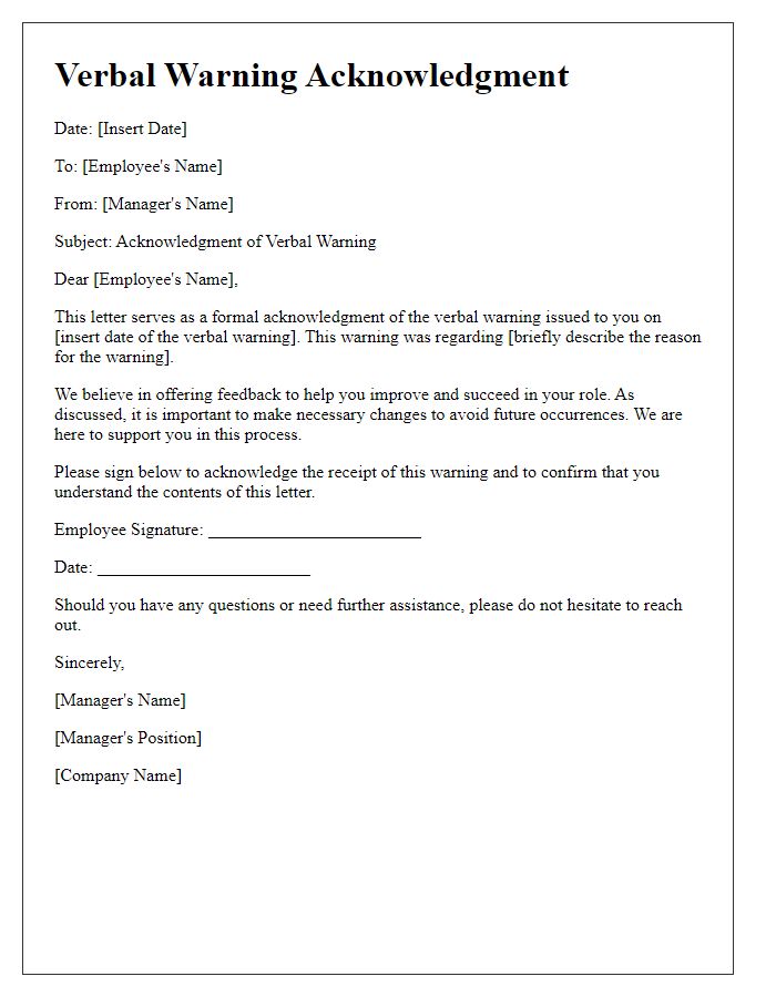 Letter template of verbal warning acknowledgment