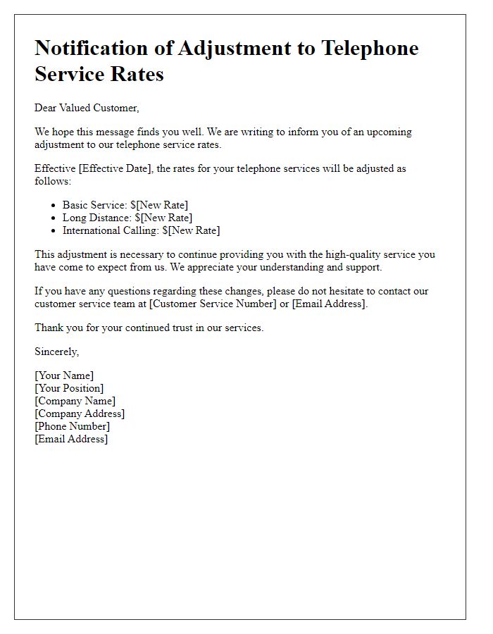 Letter template of adjustments to telephone service rates