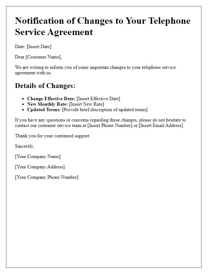 Letter template of changes to your telephone service agreement