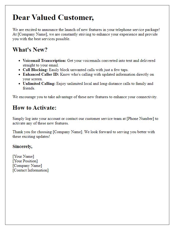 Letter template of new features in your telephone service package