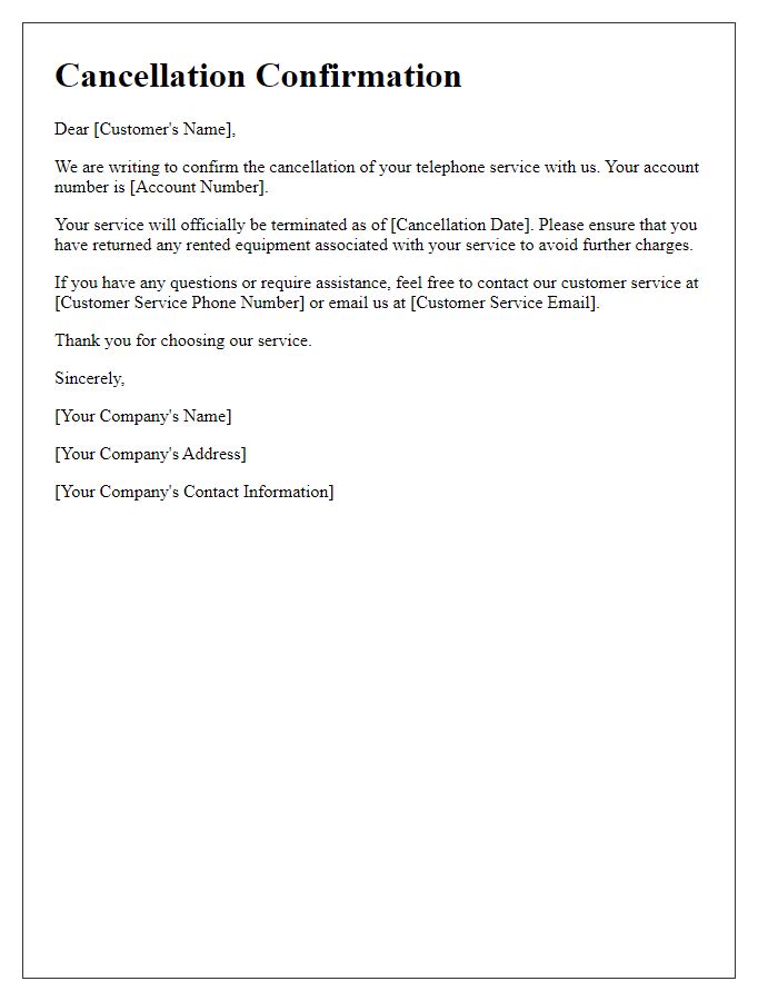 Letter template of telephone service cancellation confirmation