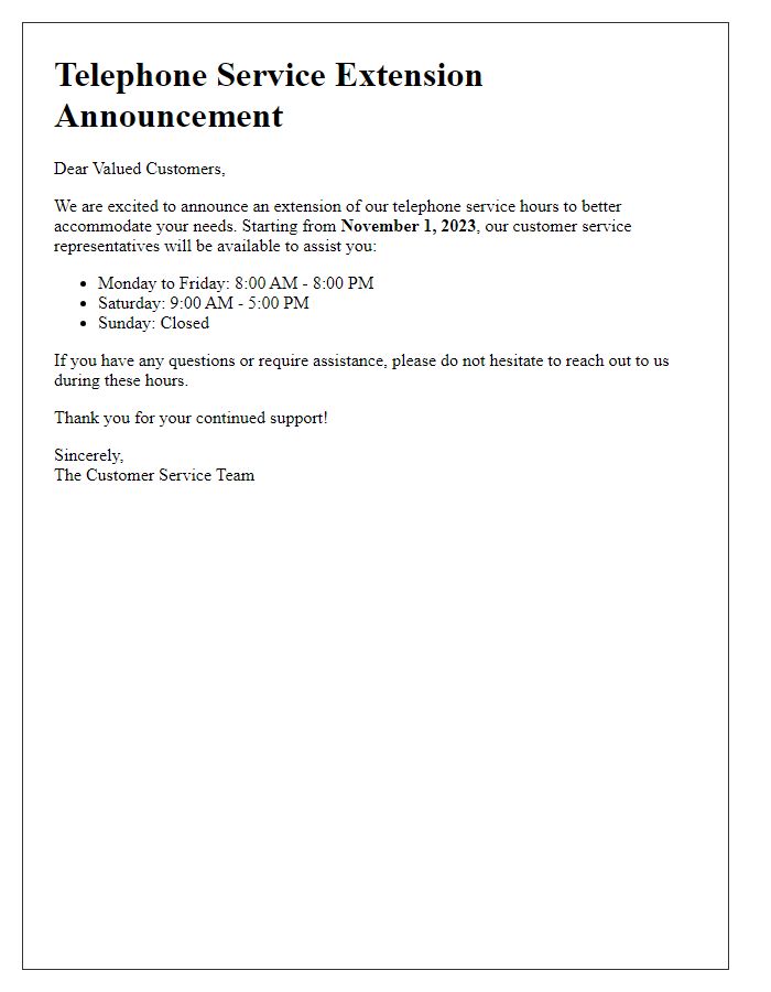 Letter template of telephone service extension announcement