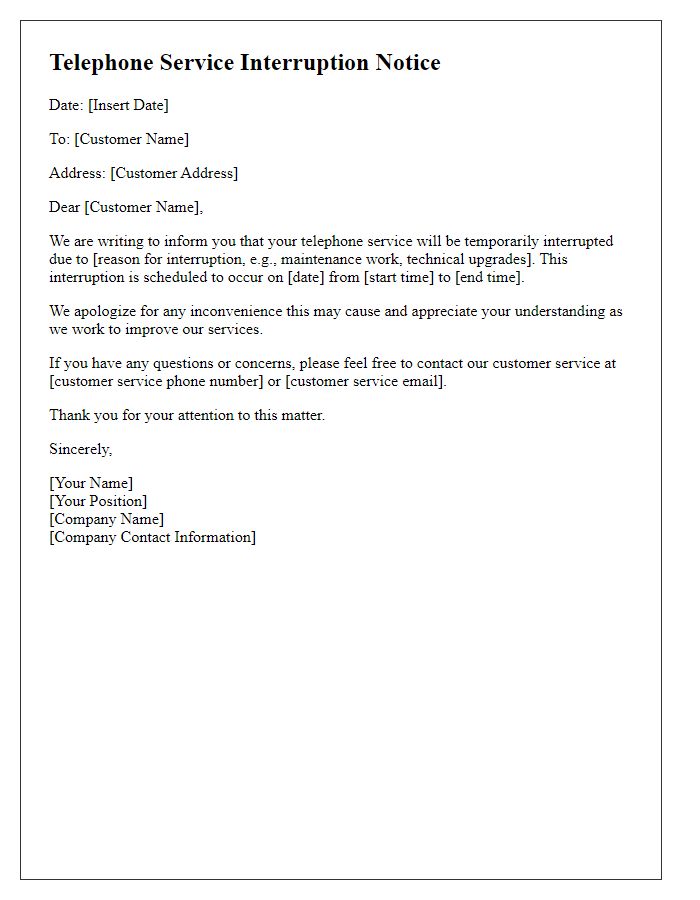 Letter template of telephone service interruption notice