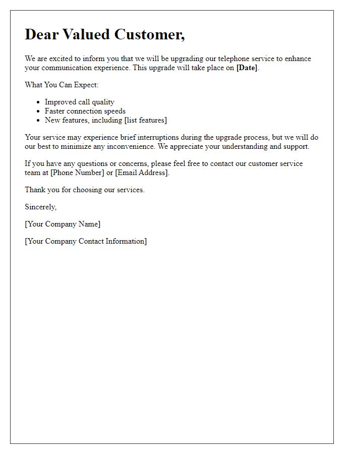 Letter template of telephone service upgrade notification