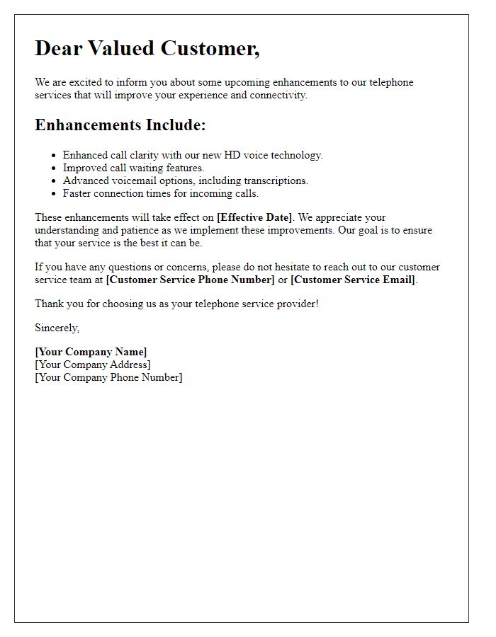 Letter template of upcoming telephone service enhancements