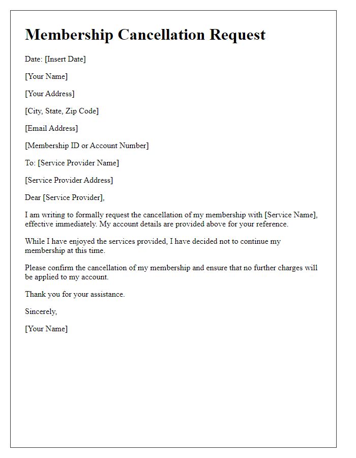 Letter template of online service membership cancellation