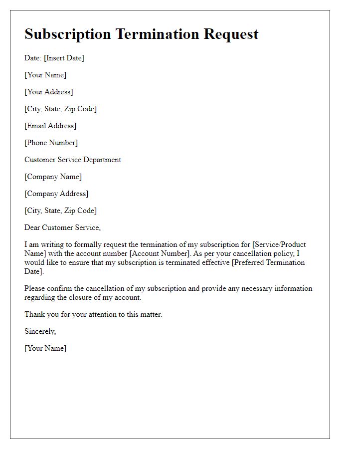 Letter template of subscription termination request