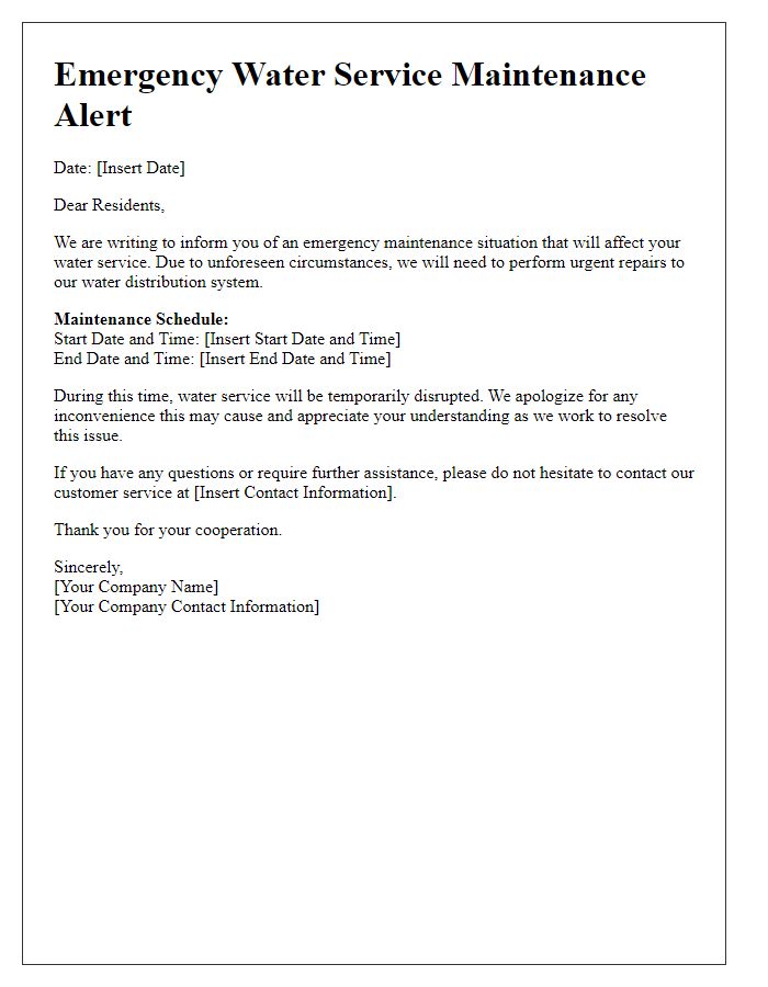 Letter template of emergency water service maintenance alert