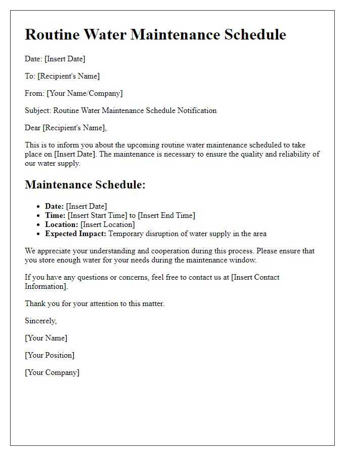 Letter template of routine water maintenance schedule