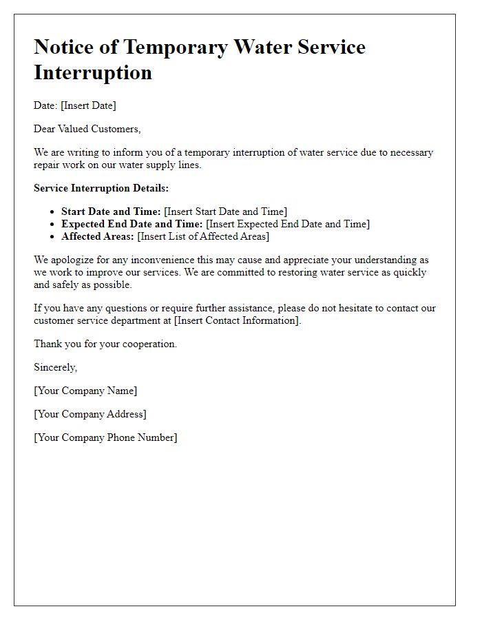 Letter template of service interruption for water repairs