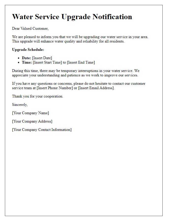 Letter template of water service upgrade notification